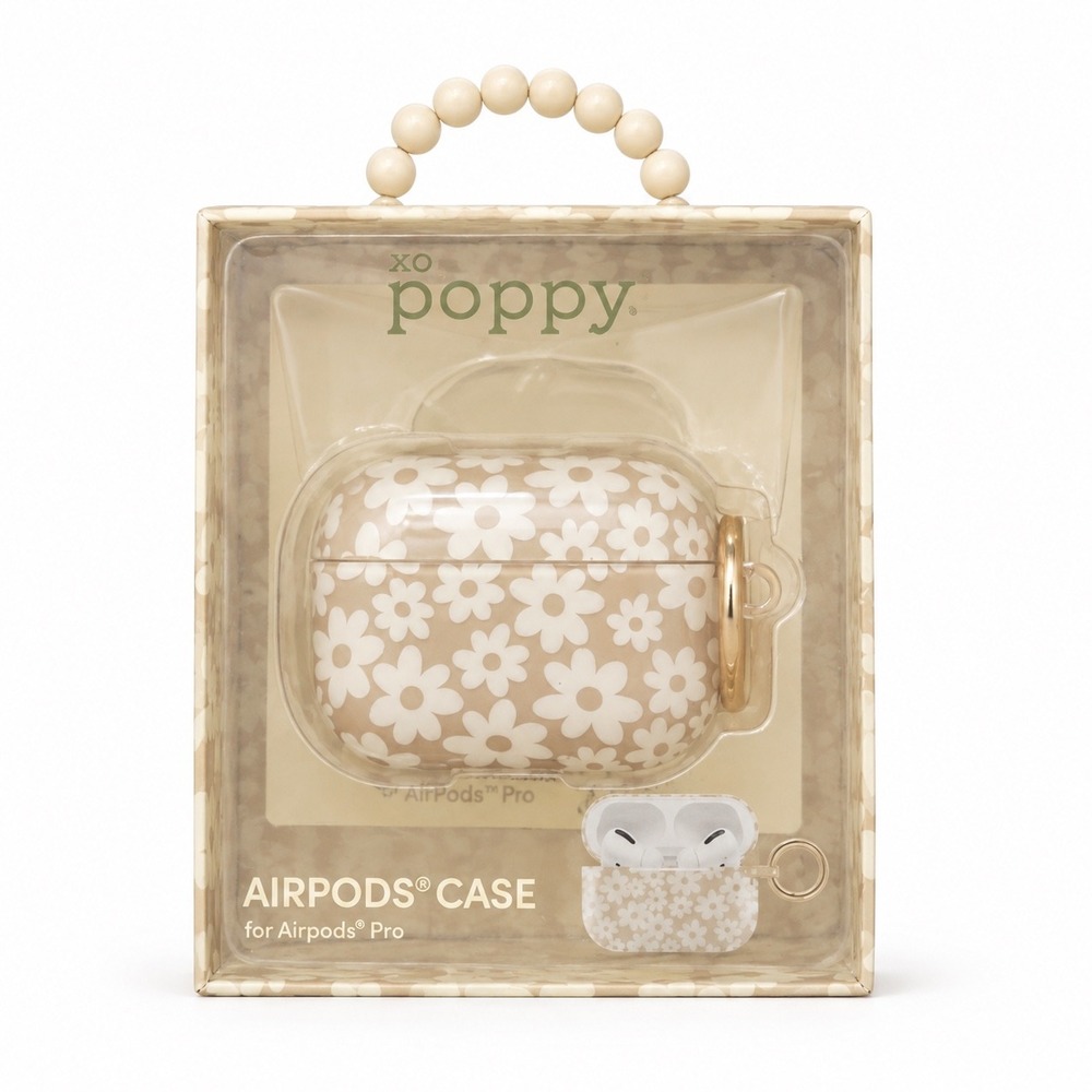XO Poppy AirPods Pro Case Tan White Daisy Floral Protective Cover with Clip NIB